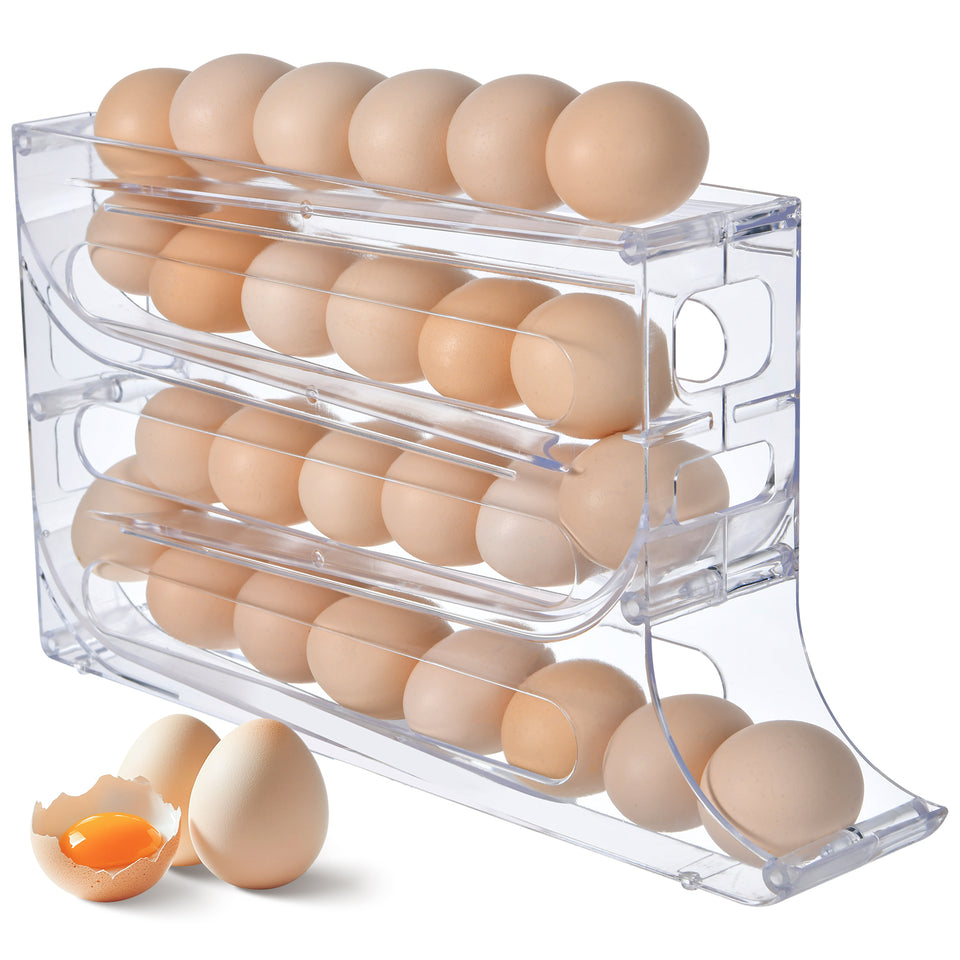 30 Egg Dispenser for Refrigerator, 4 Tier Auto Rolling Egg Organizer for Refrigerator, Large Capacity Egg Container for Refrigerator, Space-Saving Fridge Organizers and Storage