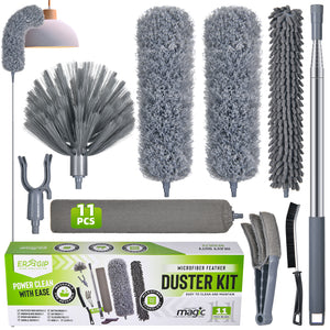 Extendable Feather Duster with Extension Pole 30 to 100 Inches, 11 Pcs Cleaning Kit with Microfiber Feather Dusters, Crevice Cleaning Brush, for Cobwebs, Blinds, Furniture, High Ceilings & Cars