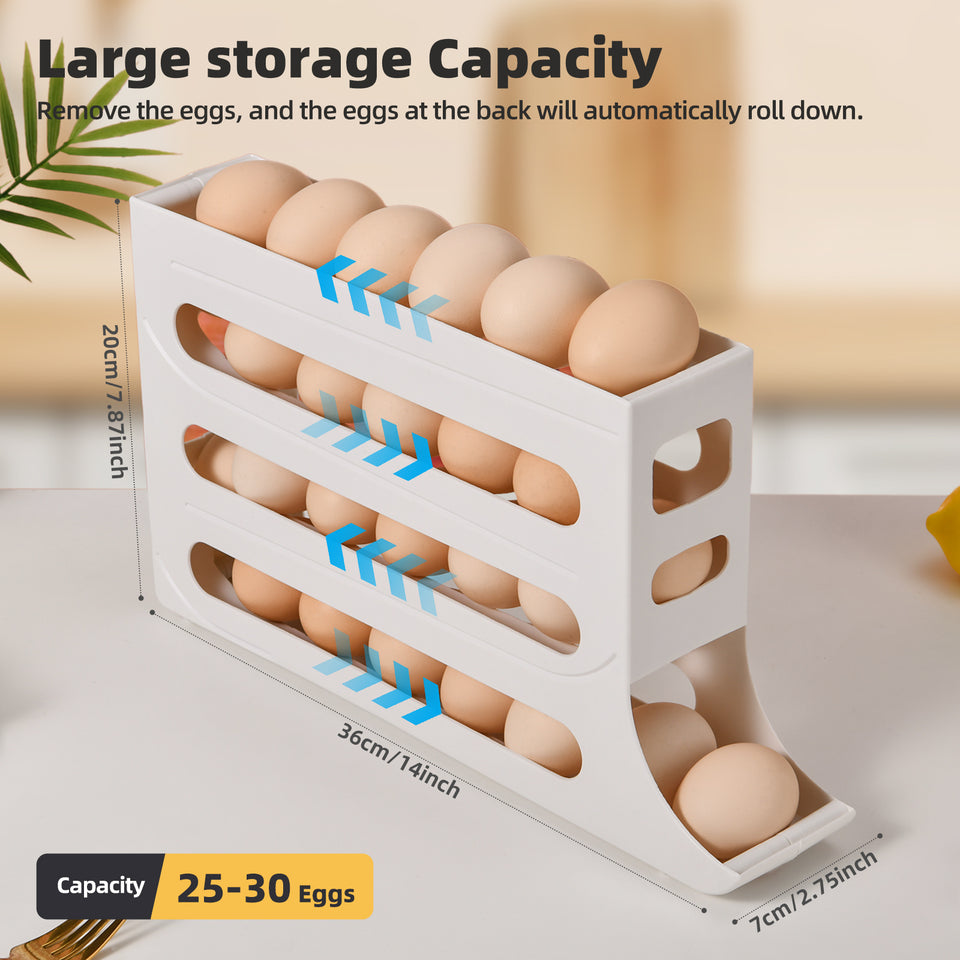 30 Egg Dispenser for Refrigerator, 4 Tier Auto Rolling Egg Organizer for Refrigerator, Large Capacity Egg Container for Refrigerator, Space-Saving Fridge Organizers and Storage
