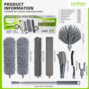 Extendable Feather Duster with Extension Pole 30 to 100 Inches, 11 Pcs Cleaning Kit with Microfiber Feather Dusters, Crevice Cleaning Brush, for Cobwebs, Blinds, Furniture, High Ceilings & Cars