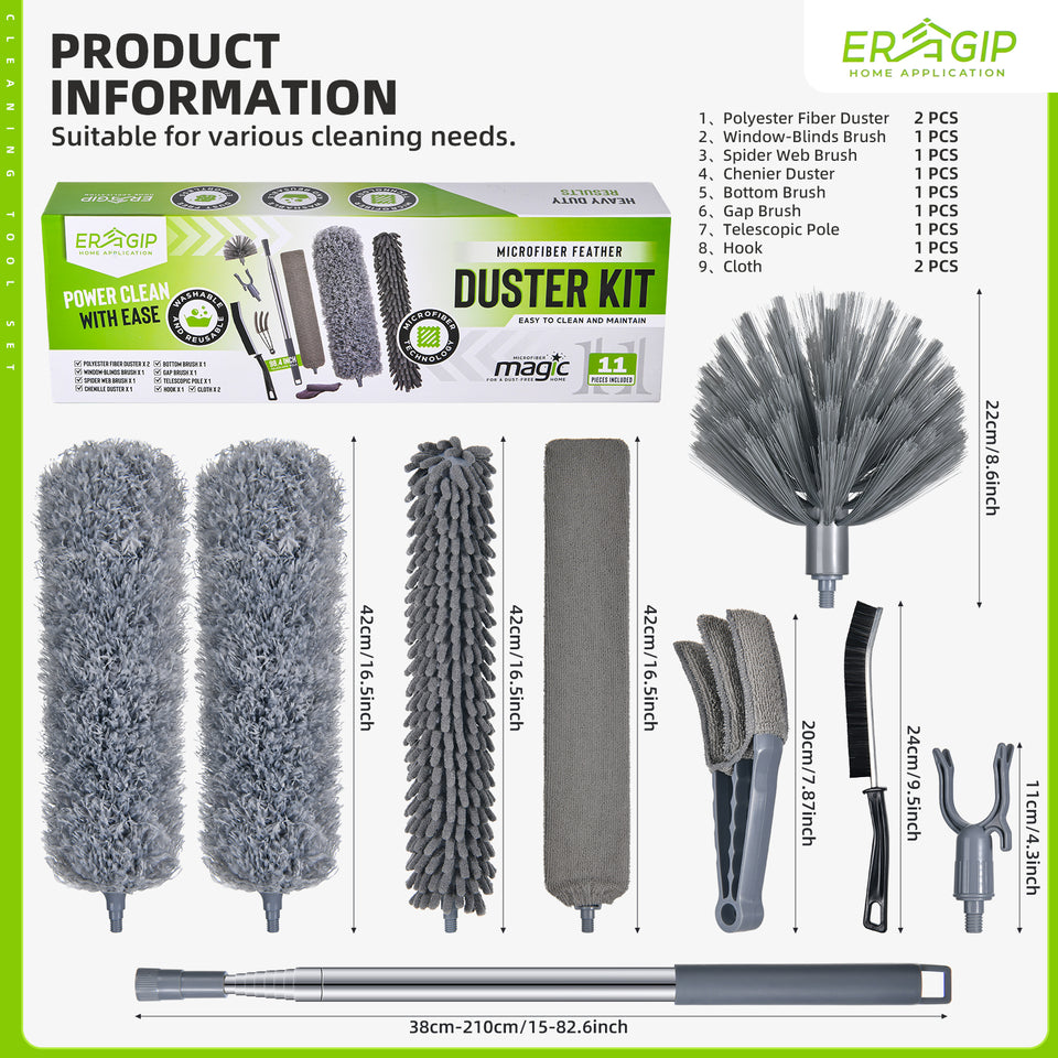 Extendable Feather Duster with Extension Pole 30 to 100 Inches, 11 Pcs Cleaning Kit with Microfiber Feather Dusters, Crevice Cleaning Brush, for Cobwebs, Blinds, Furniture, High Ceilings & Cars