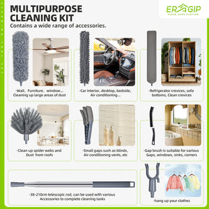 Extendable Feather Duster with Extension Pole 30 to 100 Inches, 11 Pcs Cleaning Kit with Microfiber Feather Dusters, Crevice Cleaning Brush, for Cobwebs, Blinds, Furniture, High Ceilings & Cars