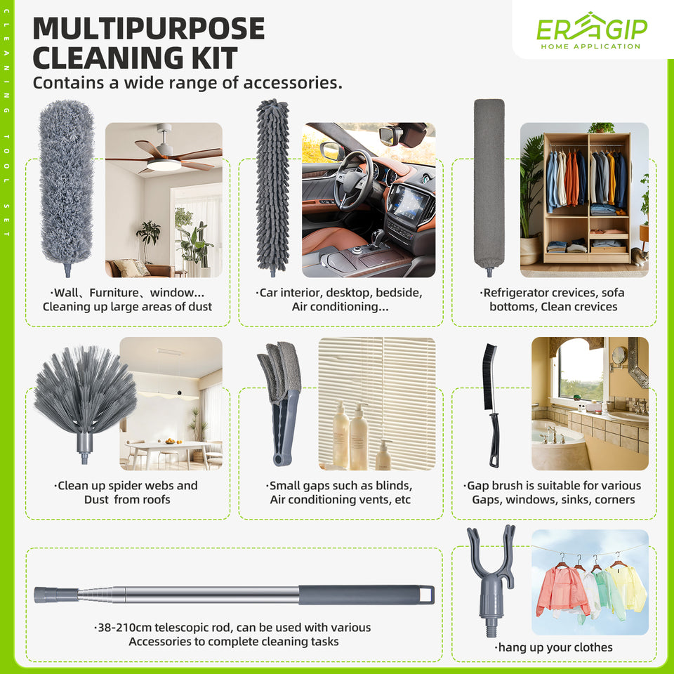 Extendable Feather Duster with Extension Pole 30 to 100 Inches, 11 Pcs Cleaning Kit with Microfiber Feather Dusters, Crevice Cleaning Brush, for Cobwebs, Blinds, Furniture, High Ceilings & Cars