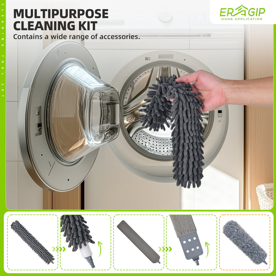 Extendable Feather Duster with Extension Pole 30 to 100 Inches, 11 Pcs Cleaning Kit with Microfiber Feather Dusters, Crevice Cleaning Brush, for Cobwebs, Blinds, Furniture, High Ceilings & Cars