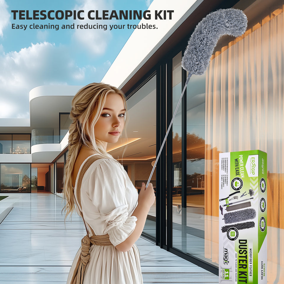 Extendable Feather Duster with Extension Pole 30 to 100 Inches, 11 Pcs Cleaning Kit with Microfiber Feather Dusters, Crevice Cleaning Brush, for Cobwebs, Blinds, Furniture, High Ceilings & Cars